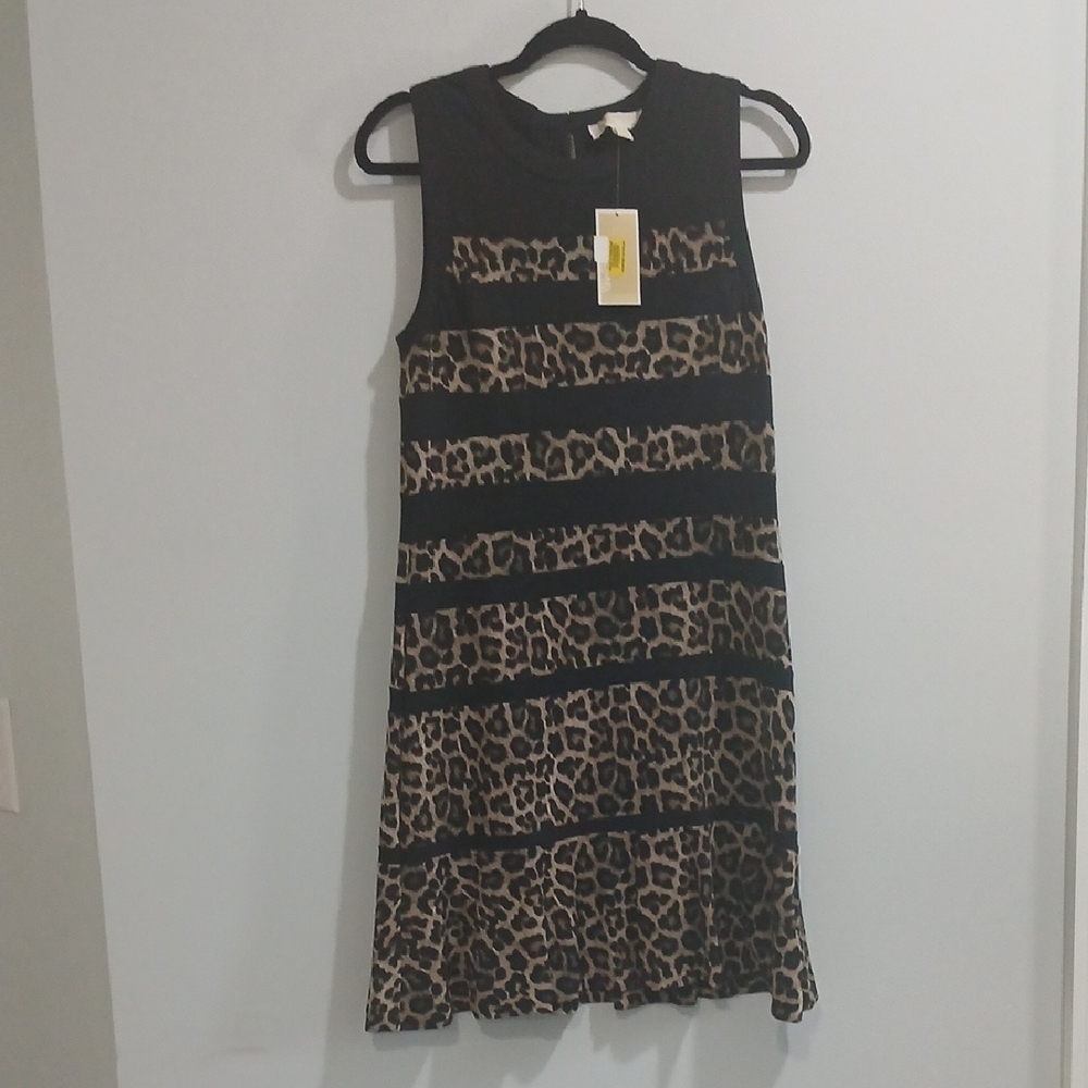 Michael Kors Brown, Black And Leopard Print  Sleeveless A-Line Dress, Sz M NEW